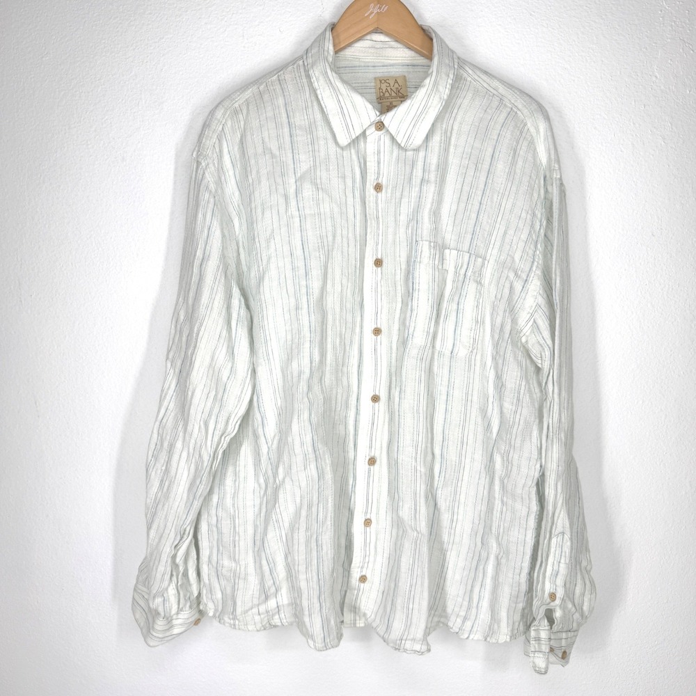 Jos A Bank Mens Linen Button Shirt XL White Blue Green Striped Long Sleeve Light